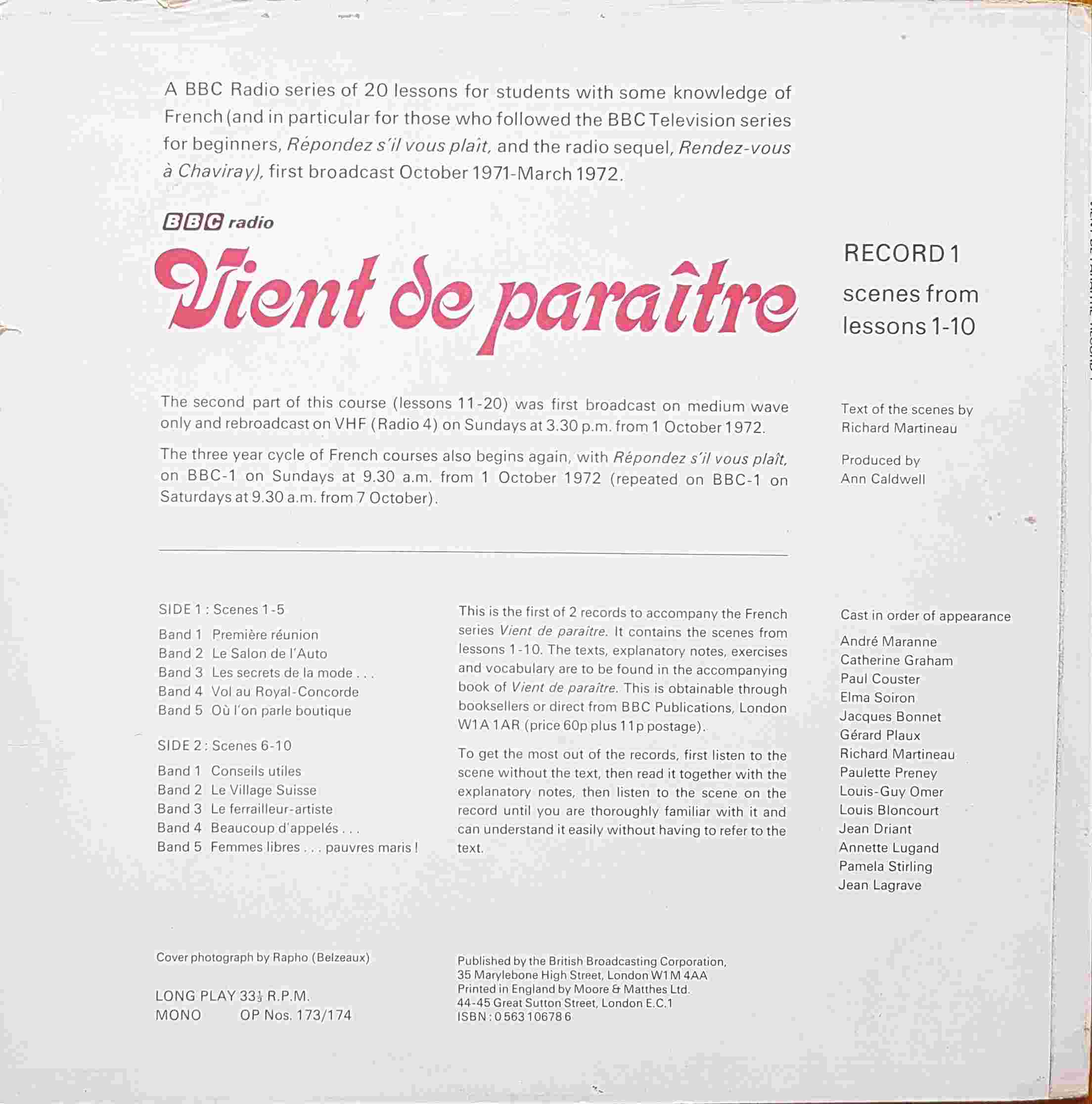 Picture of OP 173/174 Vient de paraitre - A BBC radio French series - Record 1 - Lessons 1 - 10 by artist Richard Martineau from the BBC records and Tapes library